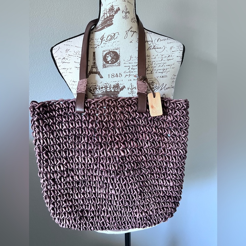 To Go Tote large Weaved  Brown Bag Lined Hawaiian Print clean inside & out NWOT